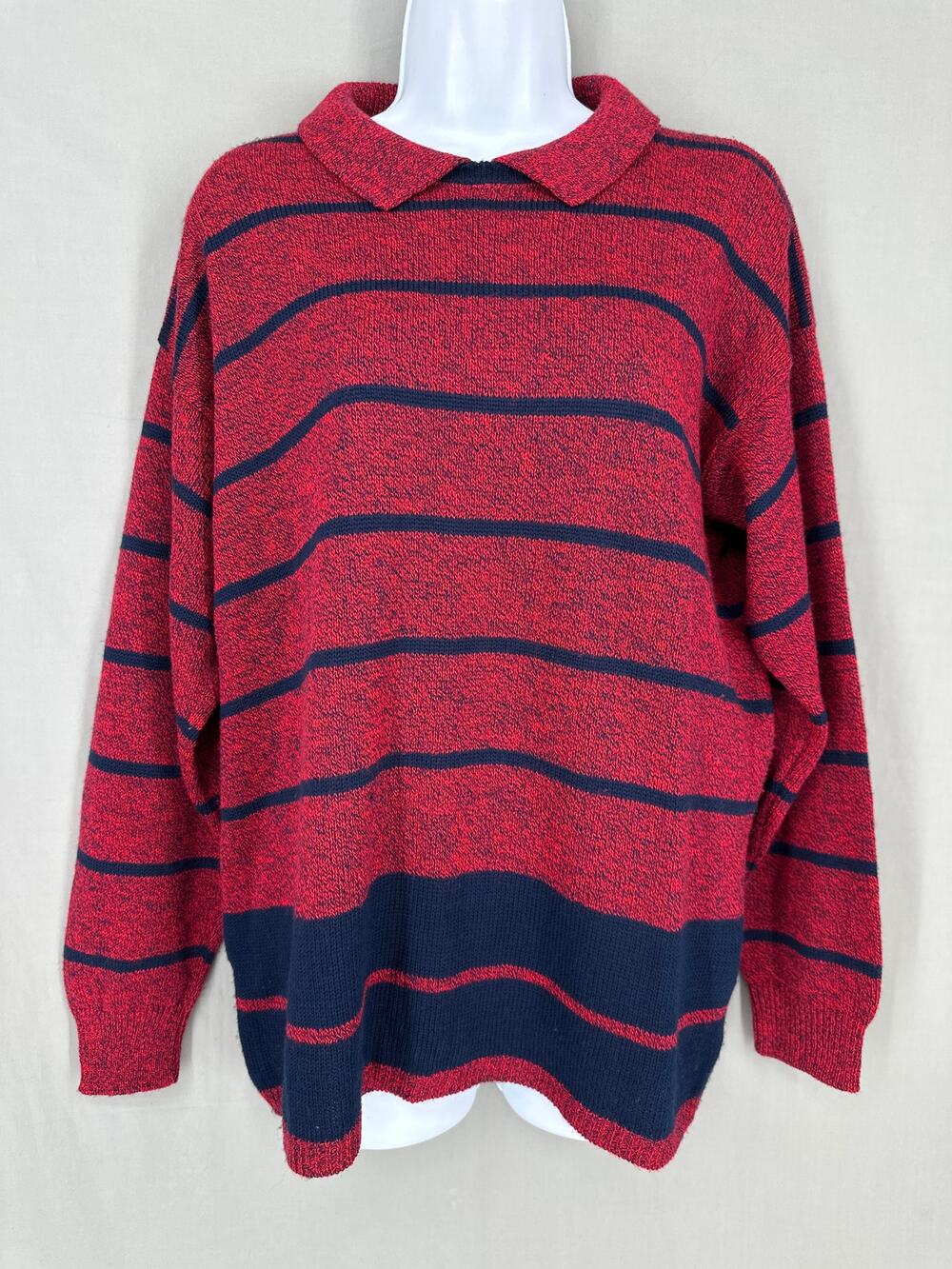80s Vintage Sweater Womens Medium Red Striped Navy Blue Collar Classic Heritage